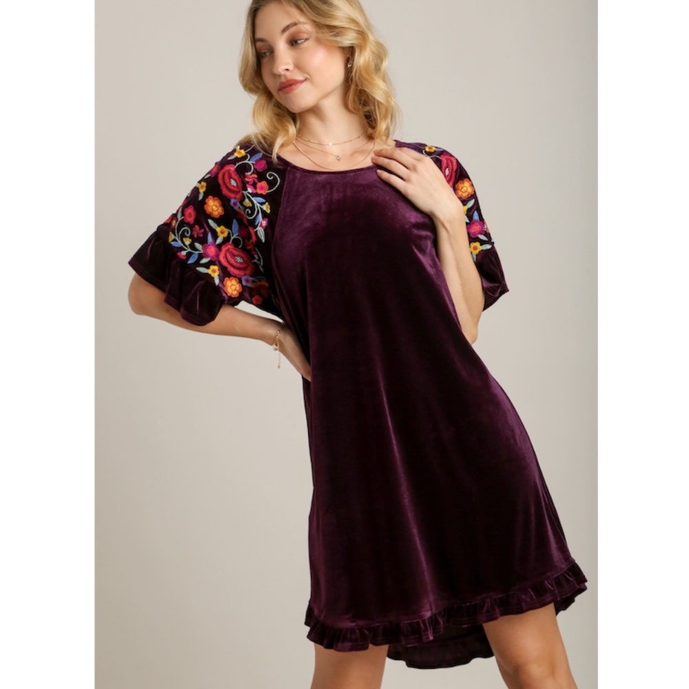 Umgee Purple Velvet Dress with Floral Embroidery